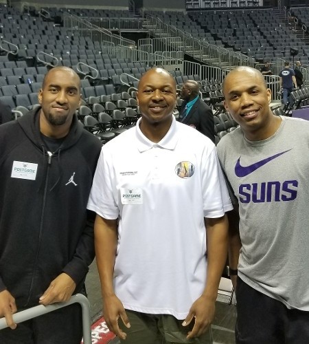 Hasan Ahad's Asst. JR, Hasan Ahad, and Asst. Coach Ty Ellis of the Phoenix Suns, 2018